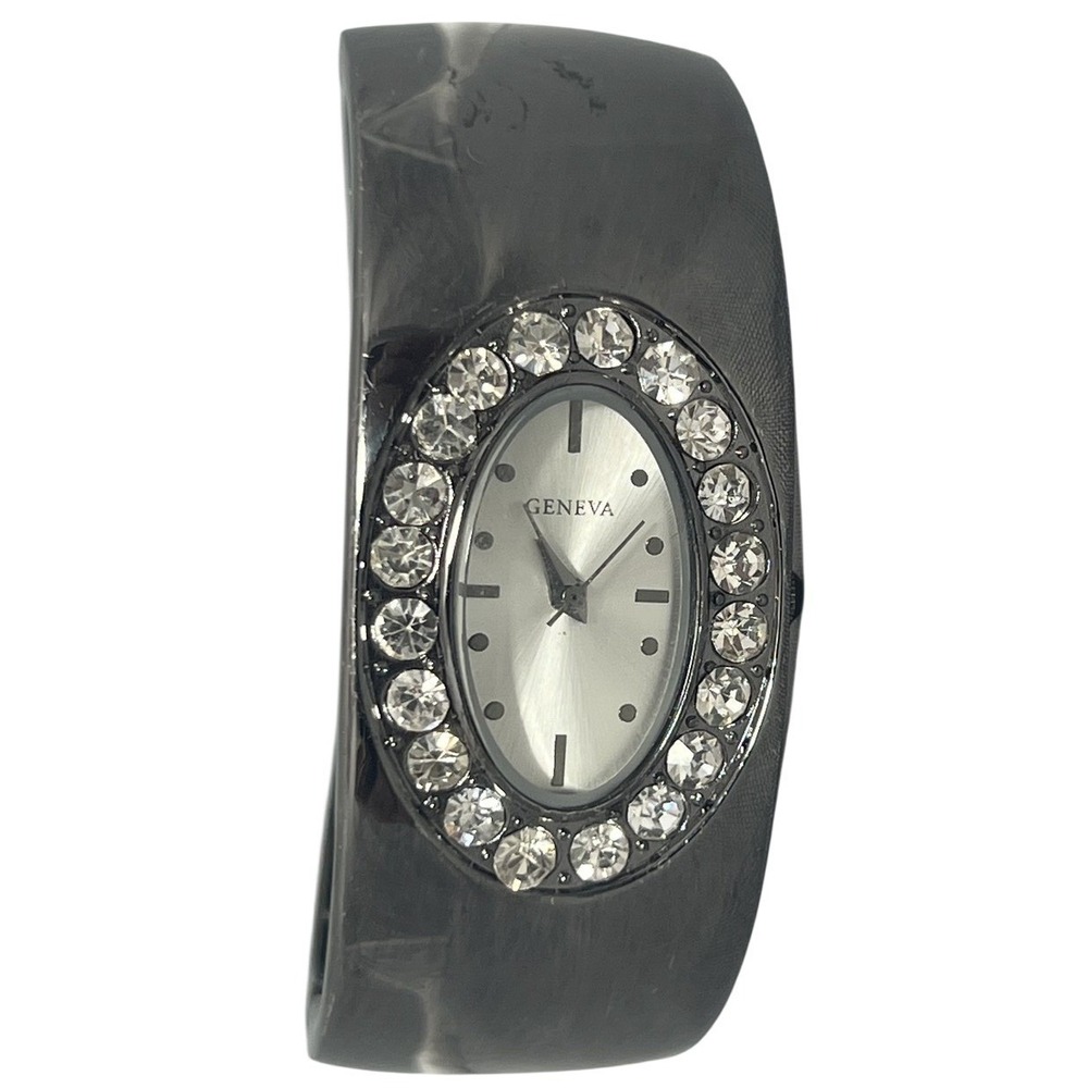 Geneva Women's‎ Gunmetal Bangle Cuff Watch Oval Rhinestone Bezel Quartz Untested